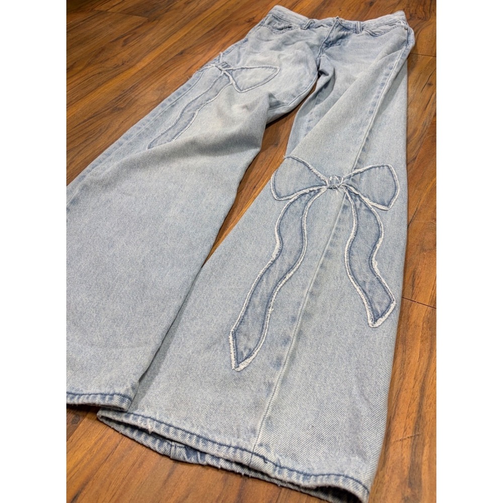 PacSun Bow Wide Leg Jeans Women's Size 26 Light Wash Y2K Coquette Baggy Denim